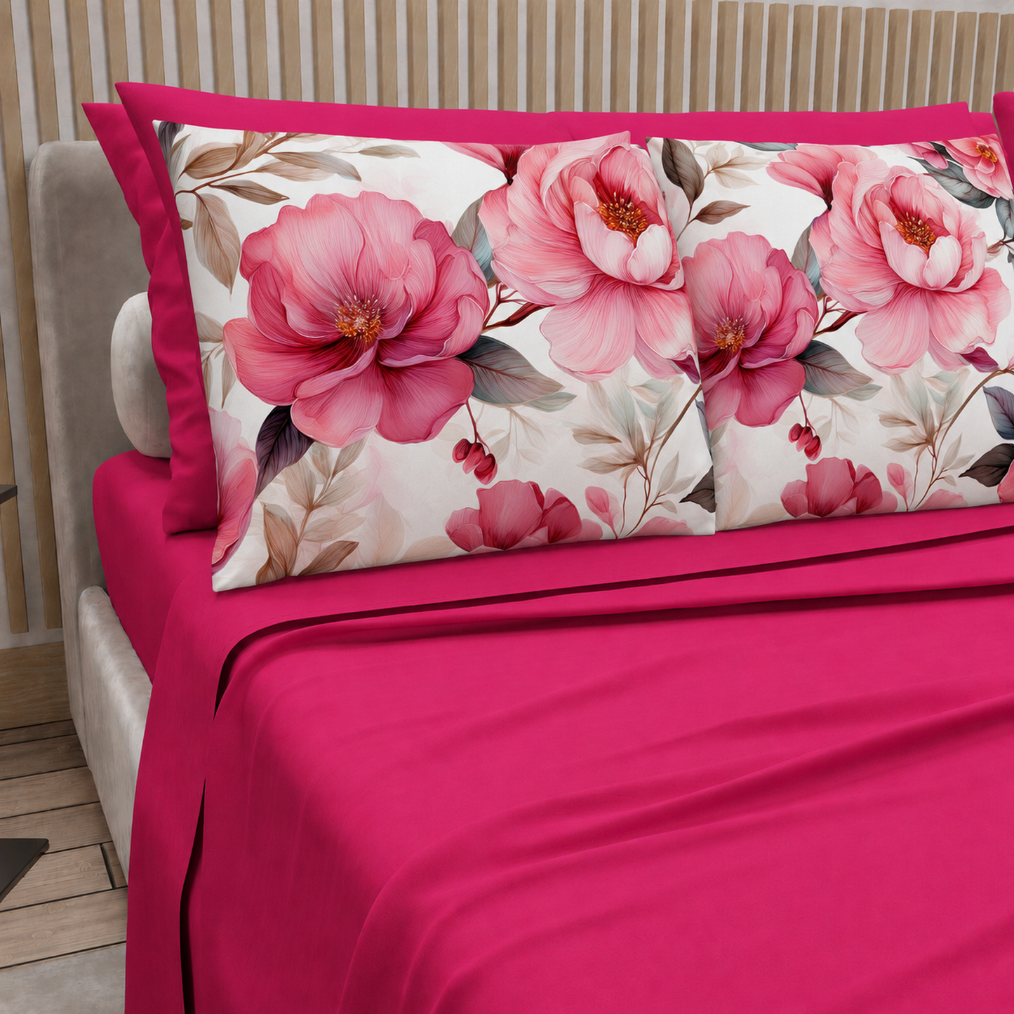 Lenzuola in Cotone, Completo Letto con Federe in Stampa Digitale Petalo 18 Fucsia