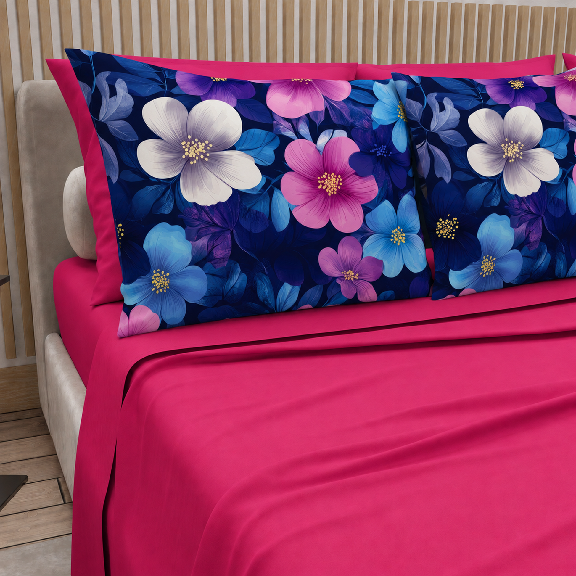 Lenzuola in Cotone, Completo Letto con Federe in Stampa Digitale Petalo 05 Fucsia.