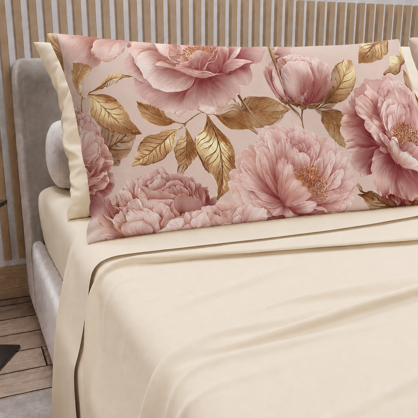 Lenzuola in Cotone, Completo Letto con Federe in Stampa Digitale Petalo 13 Panna.