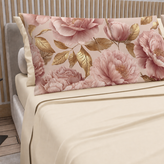 Lenzuola in Cotone, Completo Letto con Federe in Stampa Digitale Petalo 13 Panna.