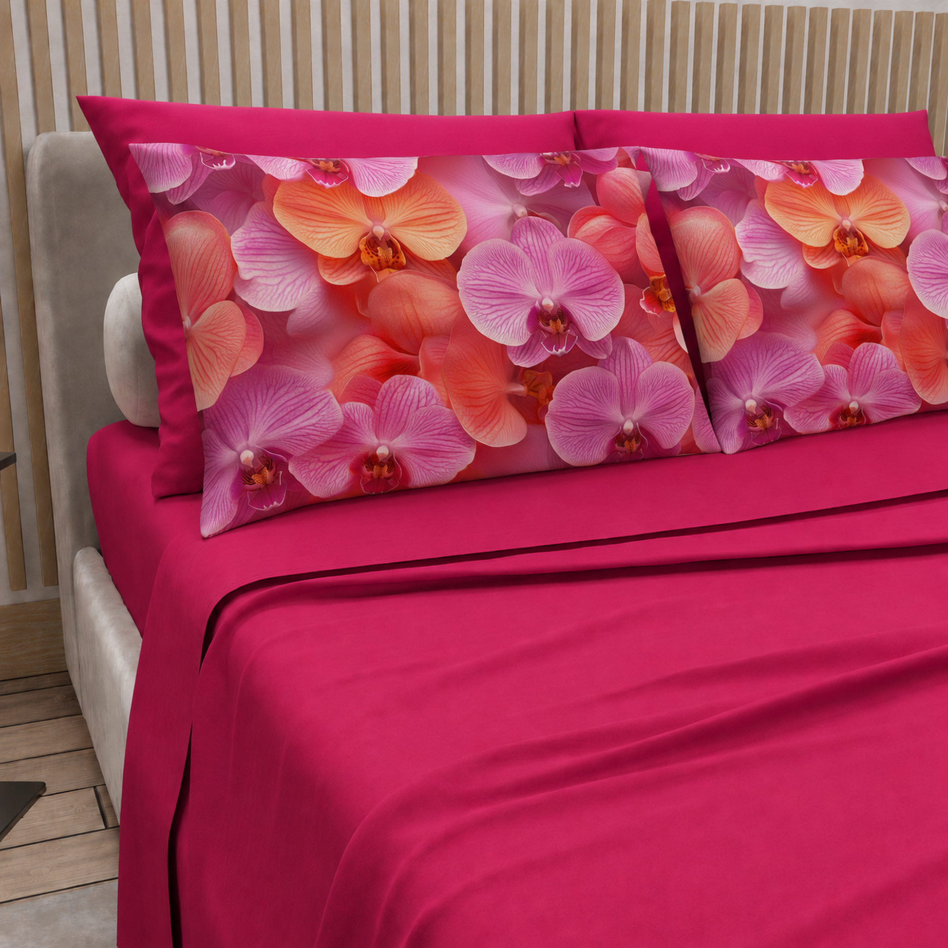 Lenzuola in Cotone, Completo Letto con Federe in Stampa Digitale Petalo 08 Fucsia.
