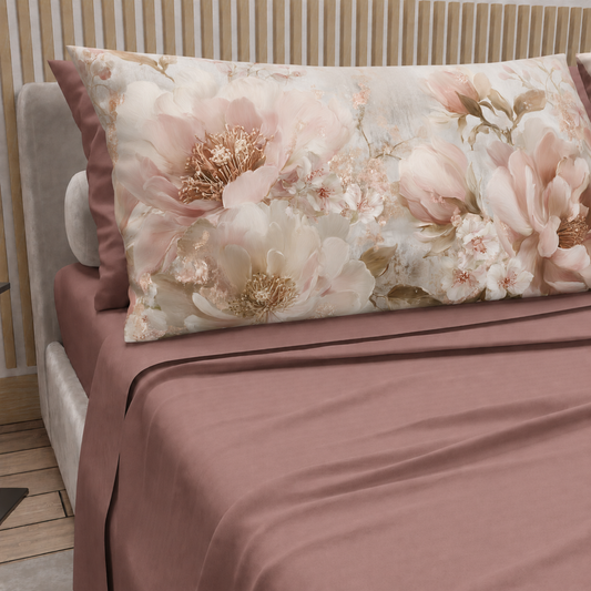 Lenzuola in Cotone, Completo Letto con Federe in Stampa Digitale Petalo 14 Cipria Scuro.