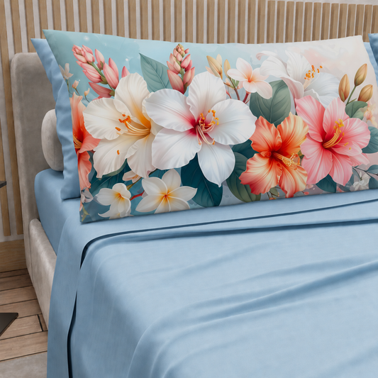 Lenzuola in Cotone, Completo Letto con Federe in Stampa Digitale Petalo 17 Celeste.