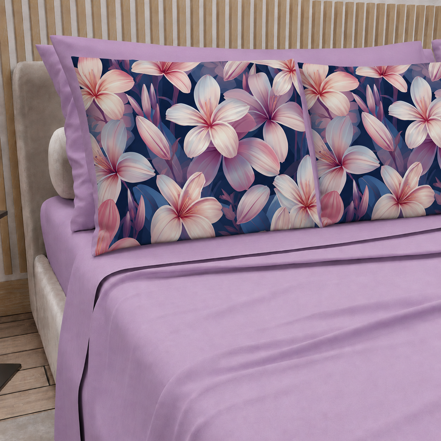 Lenzuola in Cotone, Completo Letto con Federe in Stampa Digitale Petalo 16 Lilla.