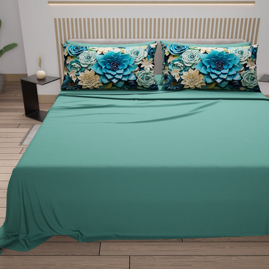 Draps en Coton, Parure de Lit avec Taies d'Oreiller à Imprimé Floral Numérique 05-15