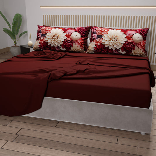 Draps en Coton, Parure de Lit avec Taies d'Oreiller à Imprimé Floral Numérique 05-24