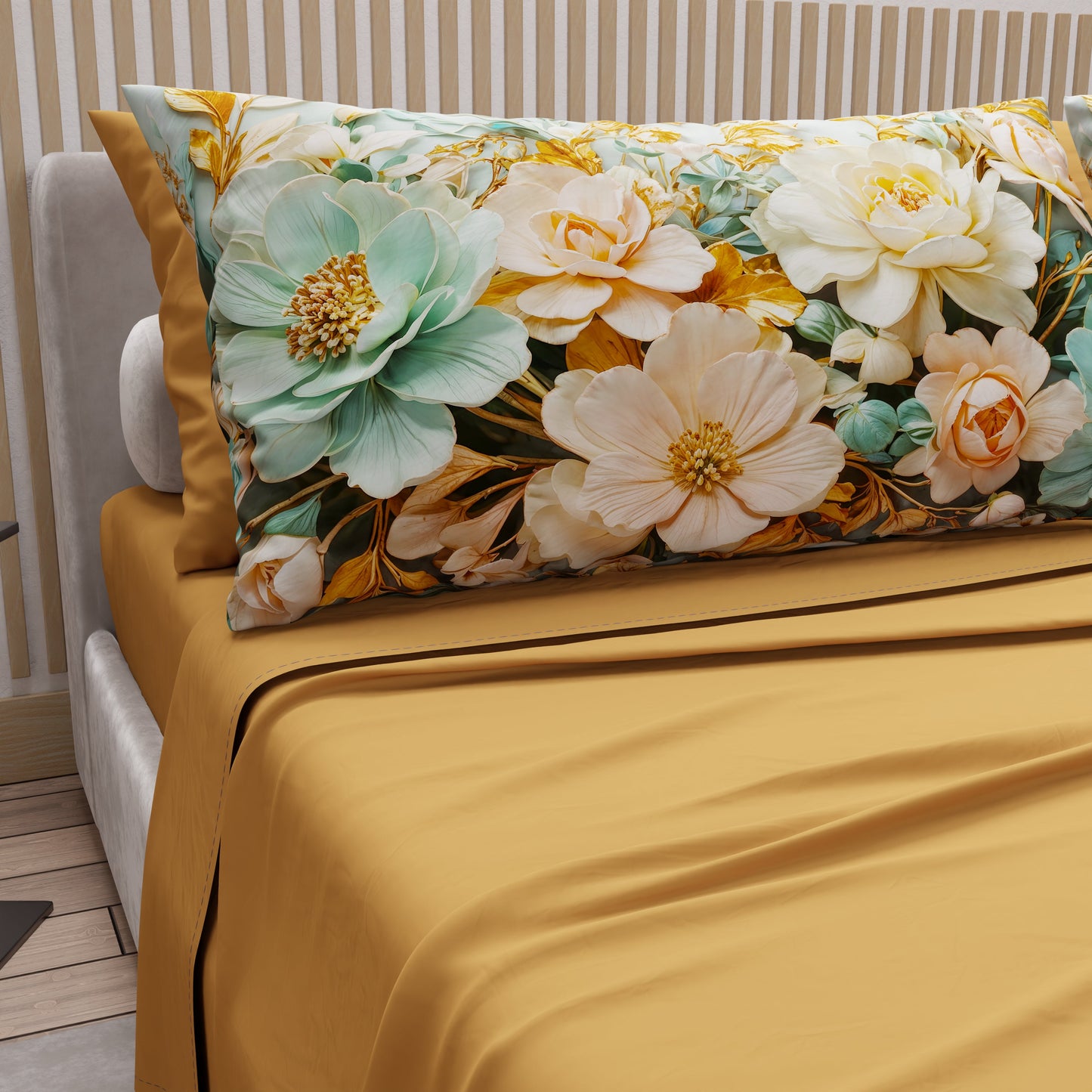 Courtepointe unie en velours or + Draps assortis et taie d'oreiller numérique