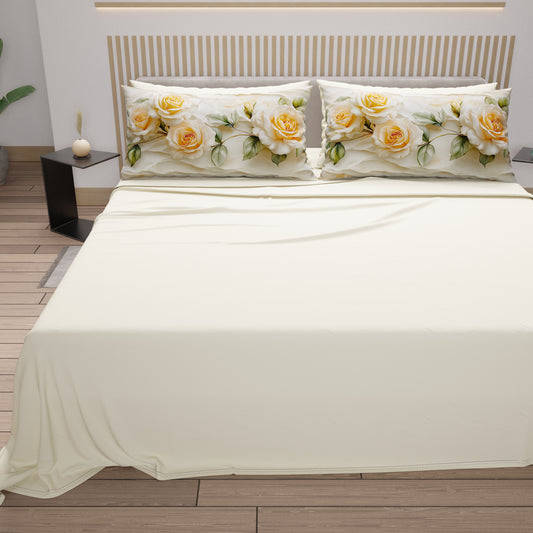 Draps en Coton, Parure de Lit avec Taies d'Oreiller en Impression Numérique Florale 06-12