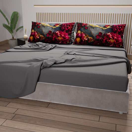 Draps en Coton, Parure de Lit avec Taies d'Oreiller en Impression Numérique Florale 06-16