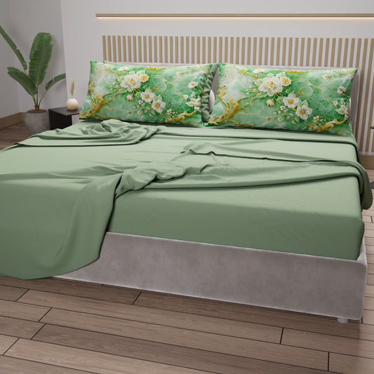 Lenzuola in Cotone, Completo Letto con Federe in Stampa Digitale Floreale 06-3