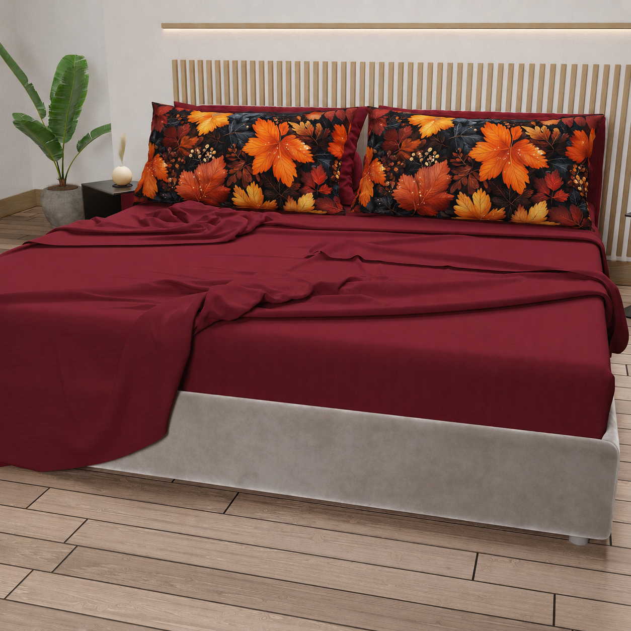 Lenzuola in Cotone, Completo Letto con Federe in Stampa Digitale Autunno 01 Bordeaux