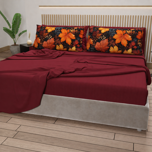 Lenzuola in Cotone, Completo Letto con Federe in Stampa Digitale Autunno 01 Bordeaux