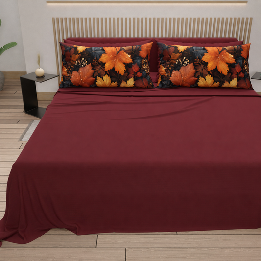 Lenzuola in Cotone, Completo Letto con Federe in Stampa Digitale Autunno 01 Bordeaux