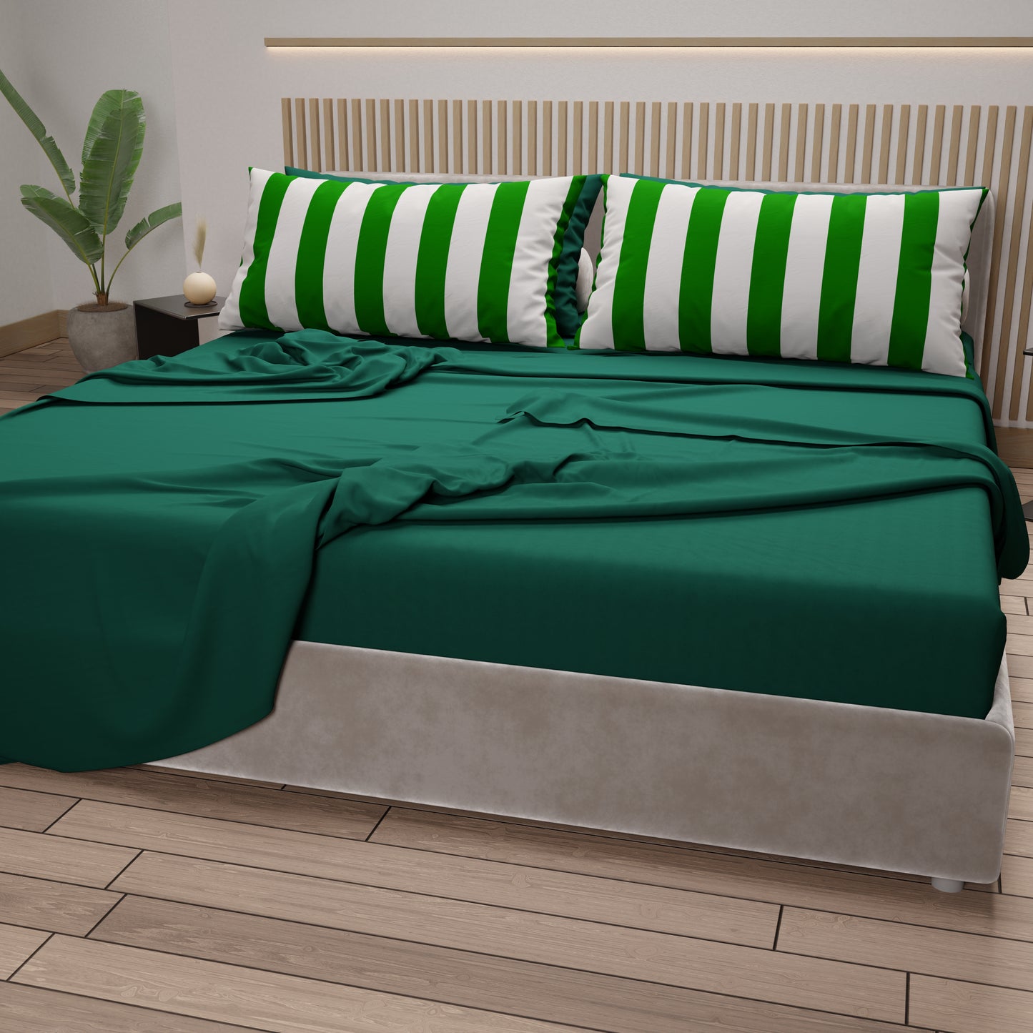 Lenzuola in Cotone, Completo Letto con Federe in Stampa Digitale Righe Verde Scuro