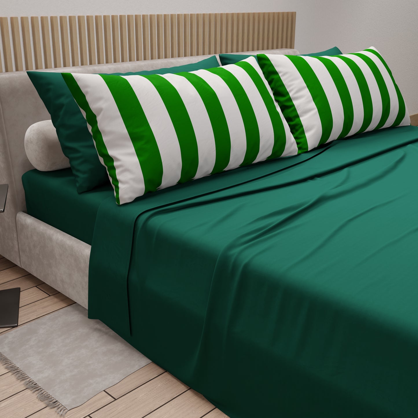 Lenzuola in Cotone, Completo Letto con Federe in Stampa Digitale Righe Verde Scuro