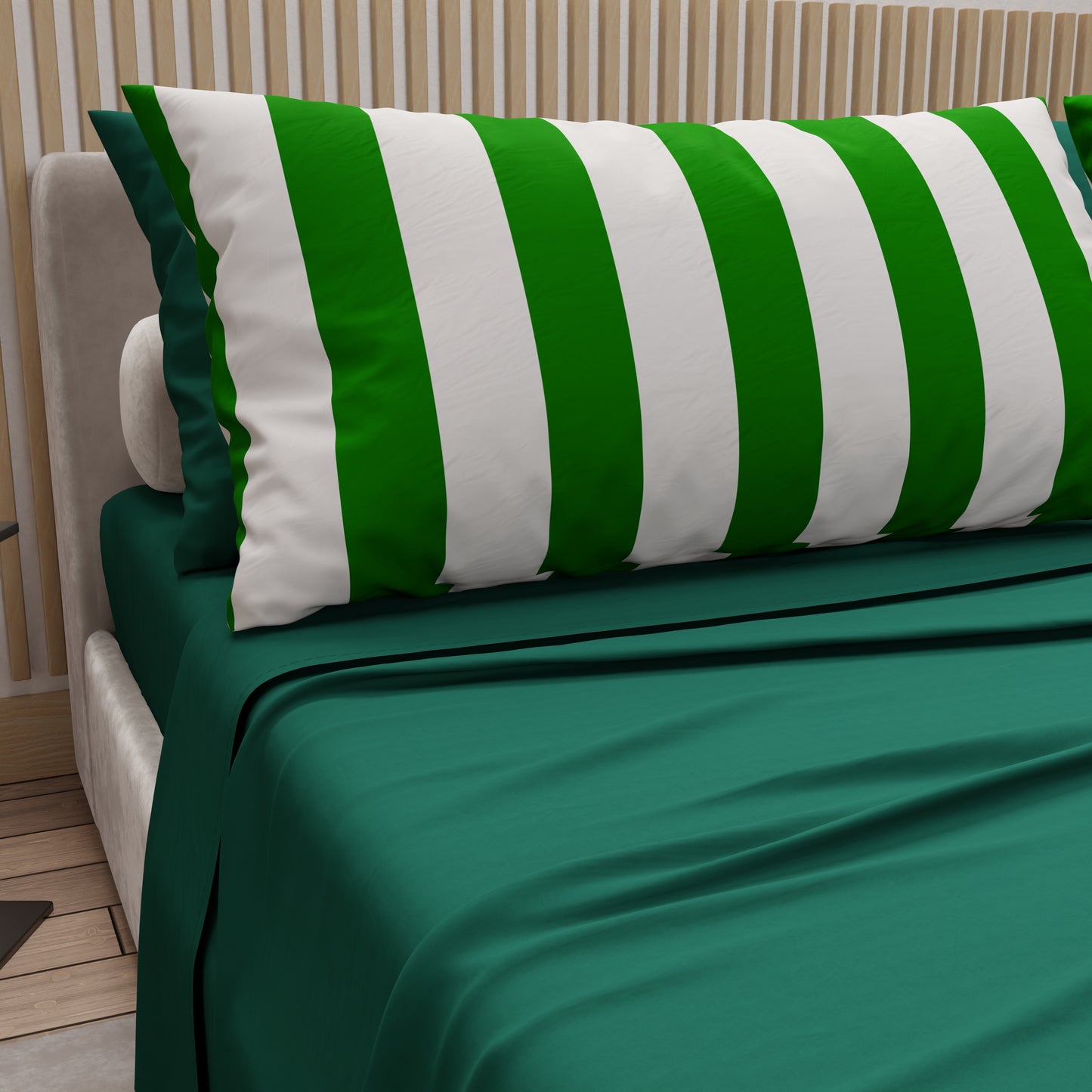 Lenzuola in Cotone, Completo Letto con Federe in Stampa Digitale Righe Verde Scuro