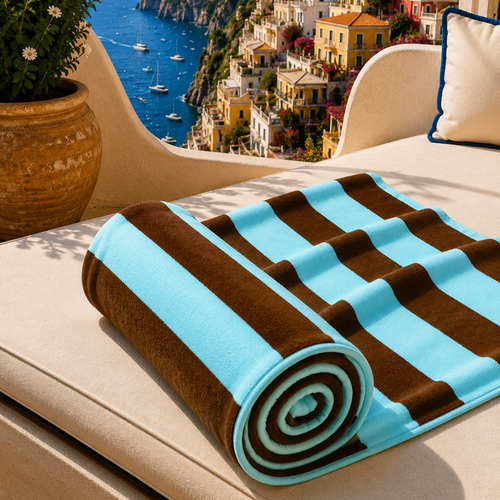 Telo Mare Microfibra, Asciugamano Mare, Telo per Lettino Righe Marrone/Celeste