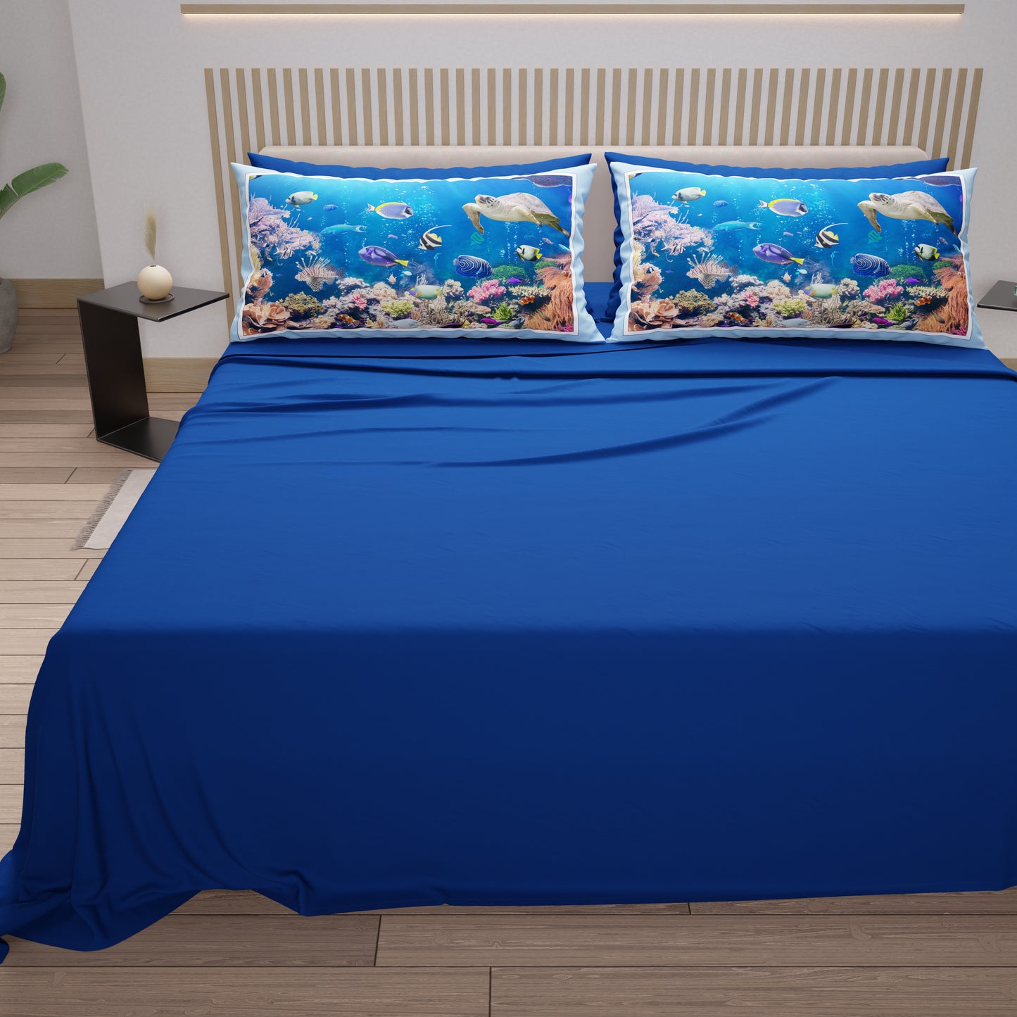Cotton sheets, bed set with aquarium digital print pillowcases