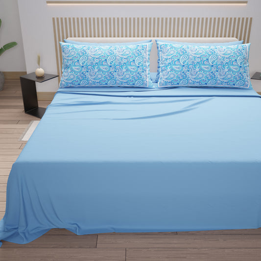 Draps en Coton, Parure de Lit avec Taies d'Oreiller en Impression Digitale Paisley Bleu Clair