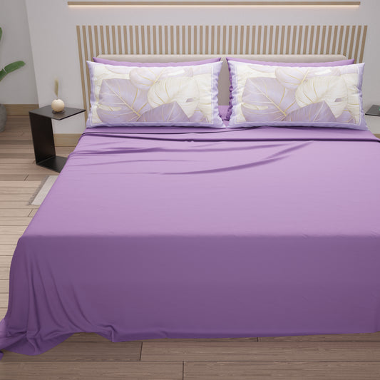 Lenzuola in Cotone, Completo Letto con Federe in Stampa Digitale Tropical Lilla-Oro