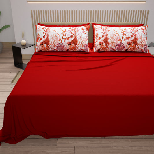 Lenzuola in Cotone, Completo Letto con Federe in Stampa Digitale Corallo Rosso