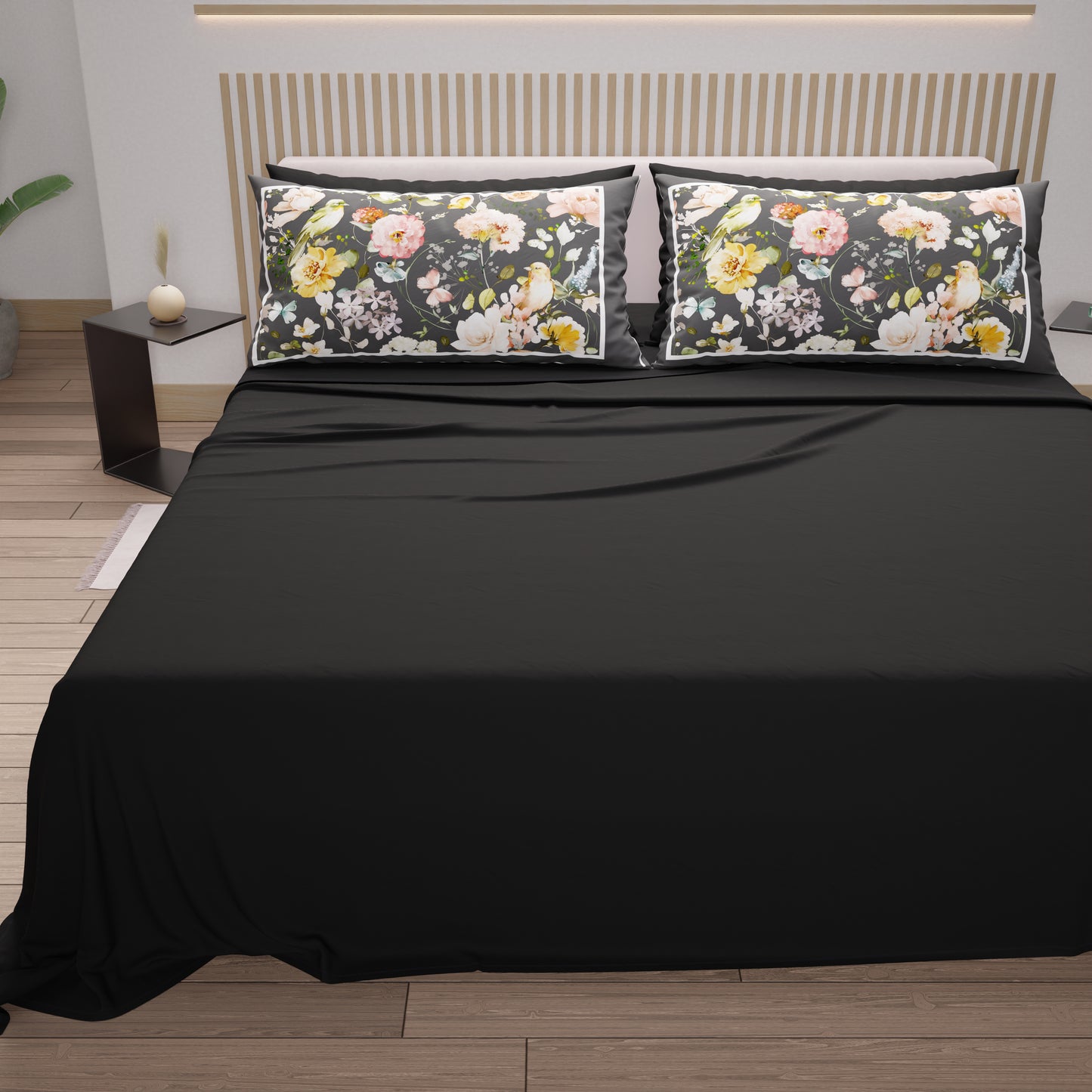 Cotton Sheets, Bed Set with Floral Digital Print Pillowcases 06-Black
