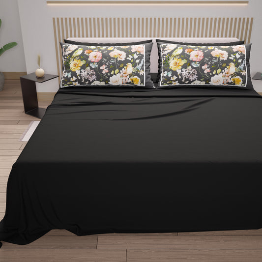 Draps en Coton, Parure de Lit avec Taies d'Oreiller en Impression Numérique Floral 06-Noir