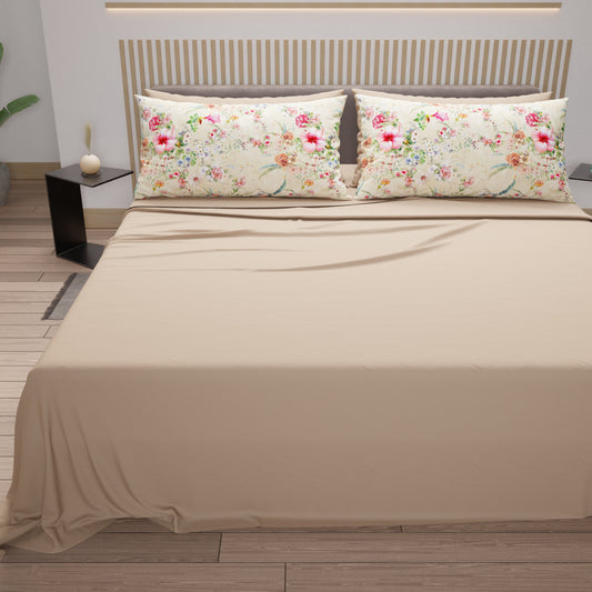 Draps en Coton, Parure de Lit avec Taies d'Oreiller en Impression Digitale Printemps Tortora