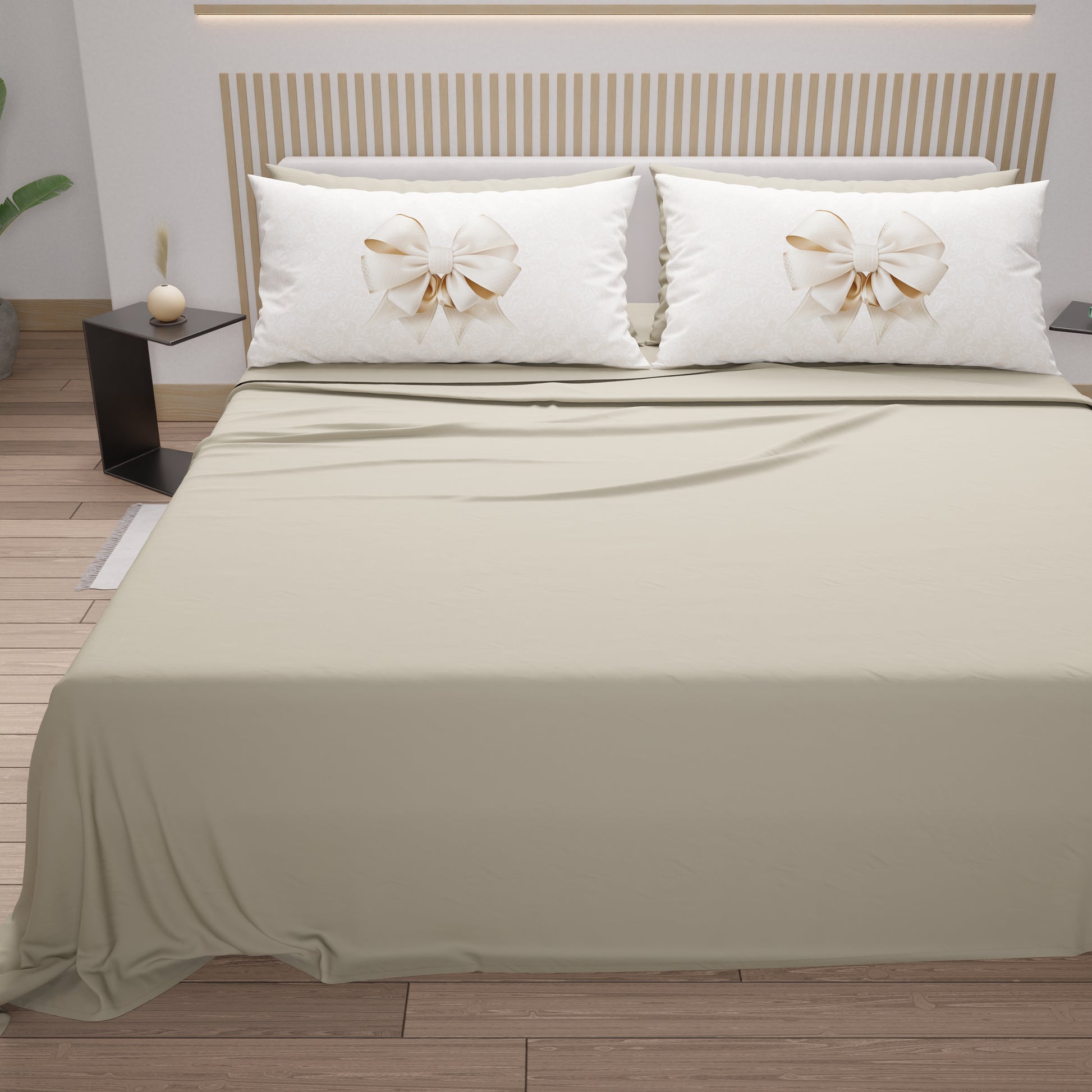 Lenzuola in Cotone, Completo Letto con Federe in Stampa Digitale Fiocco  Beige