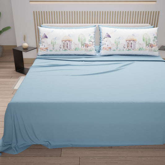 Draps en Coton, Parure de Lit avec Taies d'Oreiller en Impression Digitale Ferme