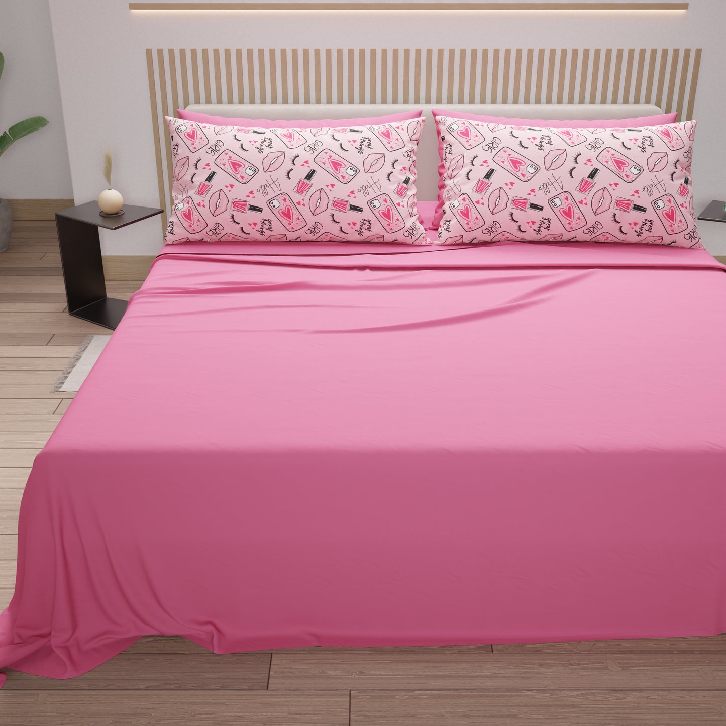 Cotton Sheets, Bed Set with Pink Lipstick Digital Print Pillowcases