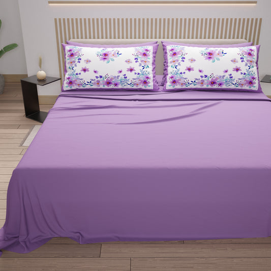 Lenzuola in Cotone, Completo Letto con Federe in Stampa Digitale Floreale Viola