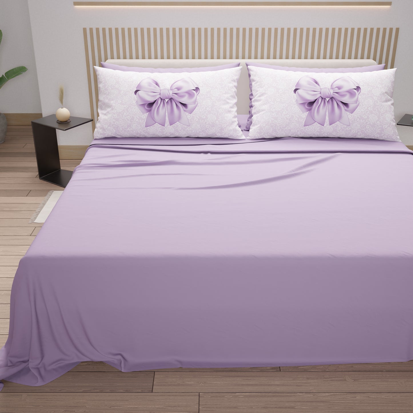 Draps en coton, parure de lit avec taies d'oreiller à impression numérique avec nœud lilas