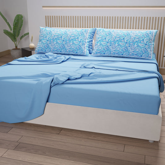 Draps en Coton, Parure de Lit avec Taies d'Oreiller en Impression Digitale Paisley Bleu Clair