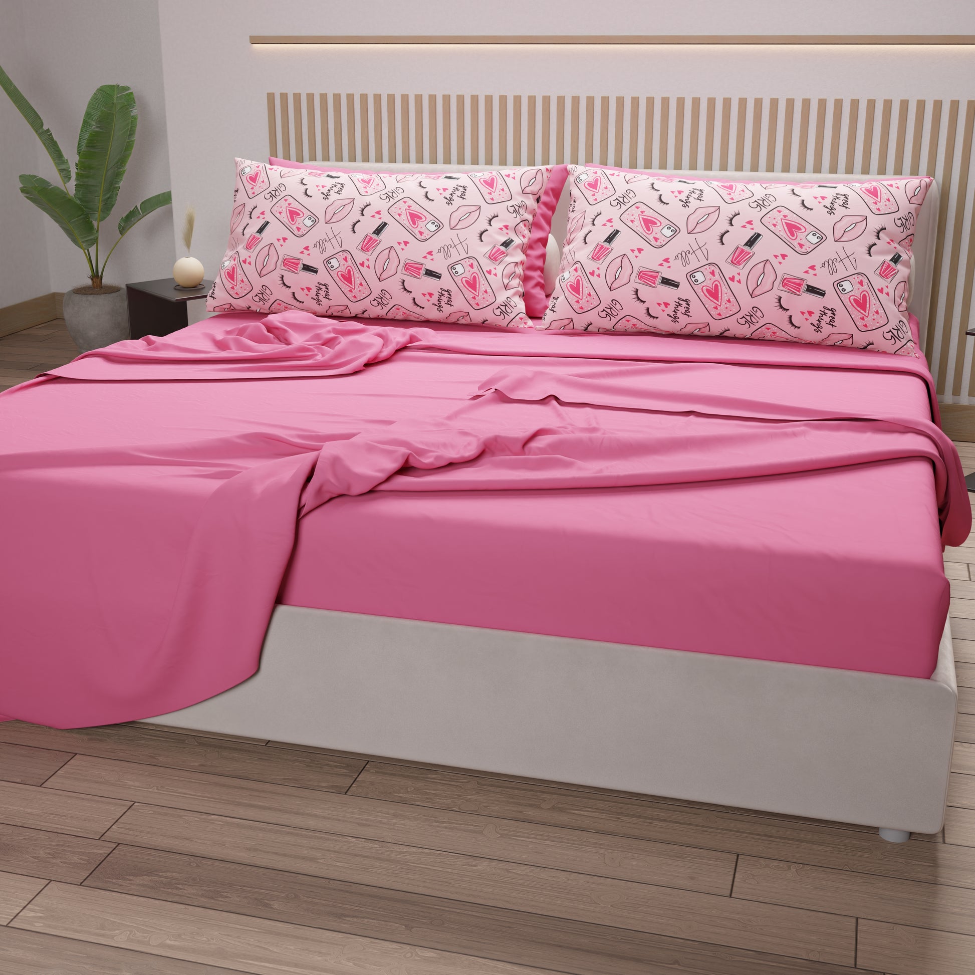 Completo Letto Stampato Made In Italy 100 % Cotone Set Lenzuolo Sopra Sotto  Federe Pecorelle Rosa 