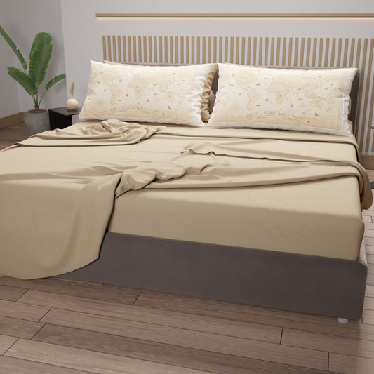 Lenzuola in Cotone, Completo Letto con Federe in Stampa Digitale World Beige