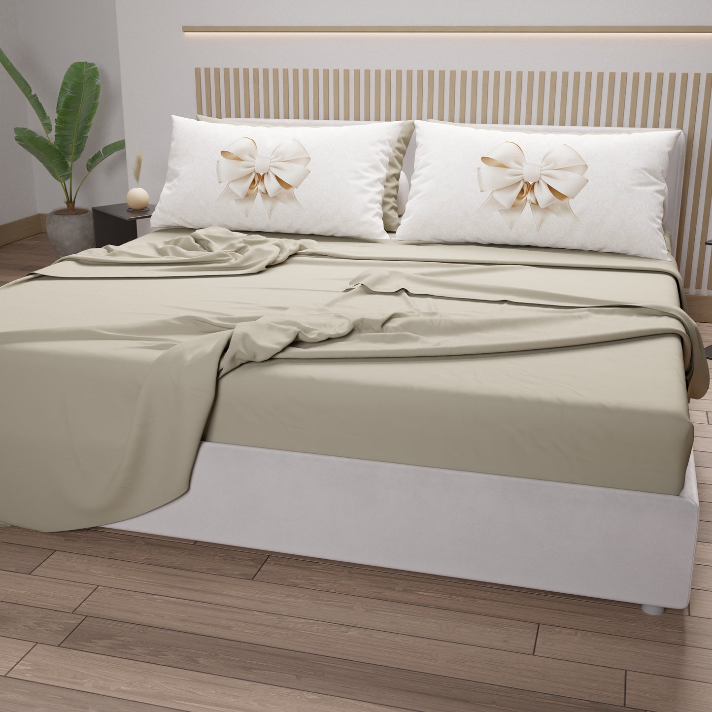 Lenzuola in Cotone, Completo Letto con Federe in Stampa Digitale Fiocco Beige