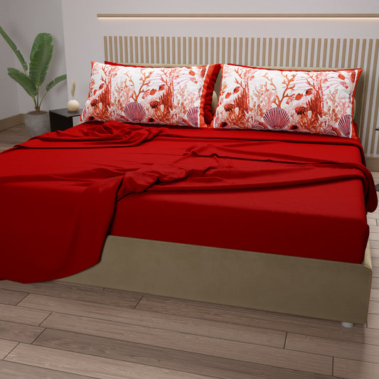 Lenzuola in Cotone, Completo Letto con Federe in Stampa Digitale Corallo Rosso