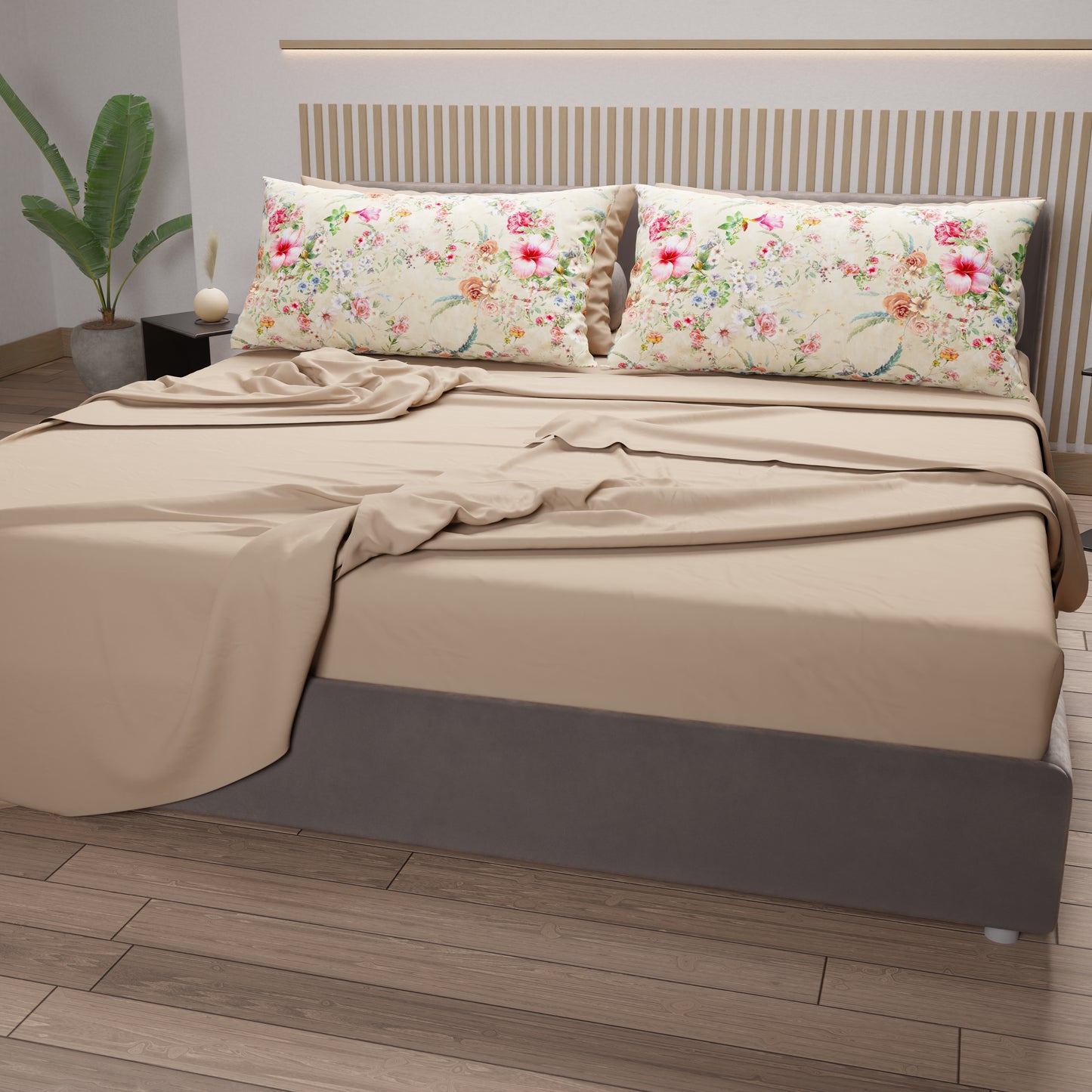 Lenzuola in Cotone, Completo Letto con Federe in Stampa Digitale Spring Tortora