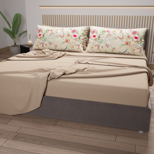 Draps en Coton, Parure de Lit avec Taies d'Oreiller en Impression Digitale Printemps Tortora