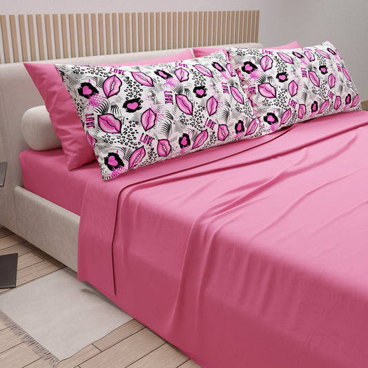 Cotton Sheets, Bed Set with White Lipstick Digital Print Pillowcases