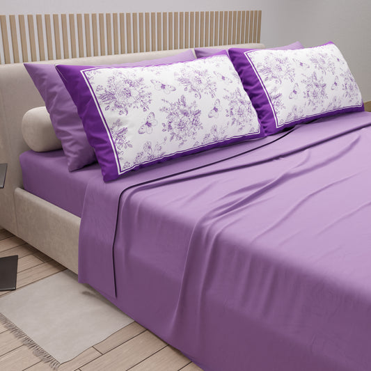 Lenzuola in Cotone, Completo Letto con Federe in Stampa Digitale Botanic Viola