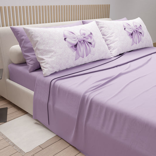 Cotton Sheets, Bed Set with Lilac Bow Digital Print Pillowcases