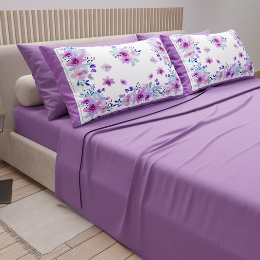 Draps en coton, parure de lit avec taies d'oreiller à imprimé numérique floral violet