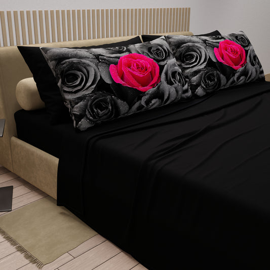 Lenzuola in Cotone, Completo Letto con Federe in Stampa Digitale Black Roses