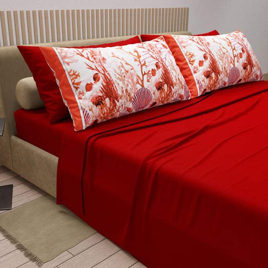 Lenzuola in Cotone, Completo Letto con Federe in Stampa Digitale Corallo Rosso