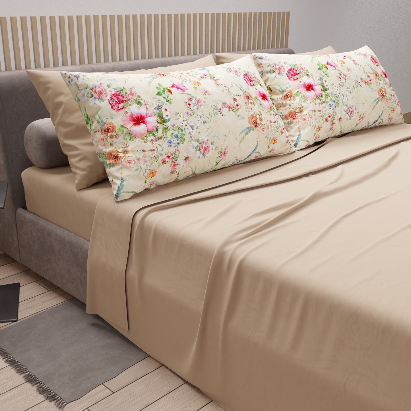 Lenzuola in Cotone, Completo Letto con Federe in Stampa Digitale Spring Tortora