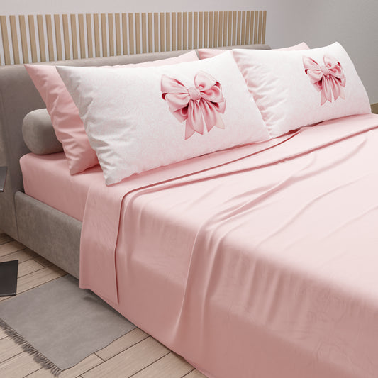 Cotton Sheets, Bed Set with Pink Bow Digital Print Pillowcases