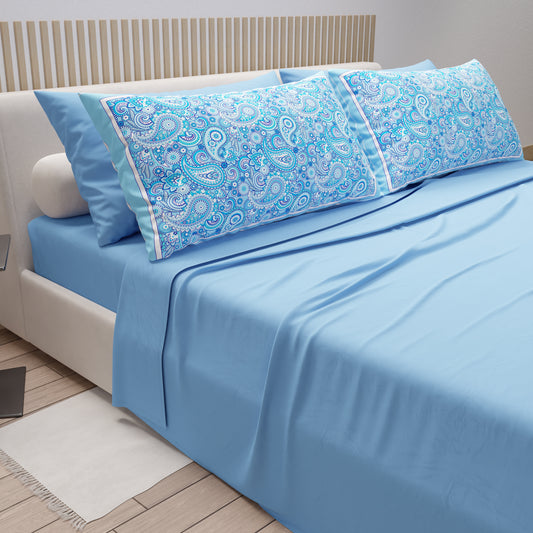 Draps en coton, parure de lit avec taies d'oreiller à impression numérique Paisley bleu clair