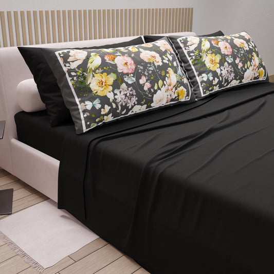 Lenzuola in Cotone, Completo Letto con Federe in Stampa Digitale Floreale 06-Nero